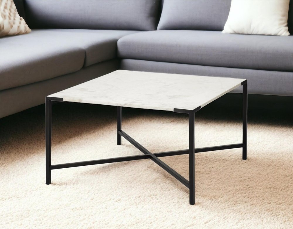 Black and White Genuine Marble and Metal Square Cross Legs Coffee Table