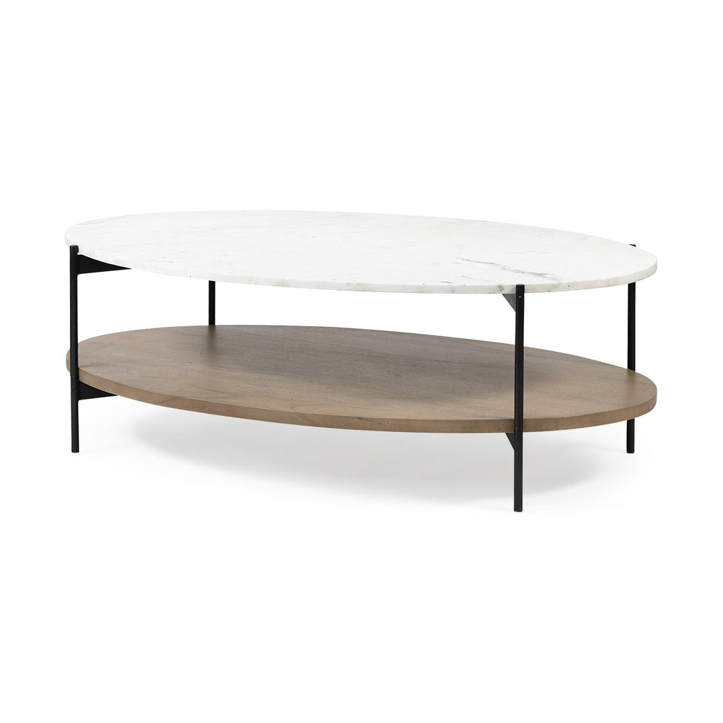 Brown and Black Genuine Marble and Metal Oval Coffee Table with Shelf