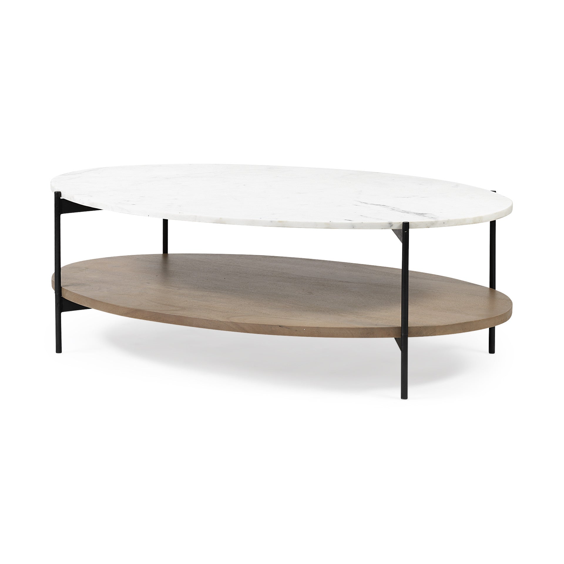Brown and Black Genuine Marble and Metal Oval Coffee Table with Shelf