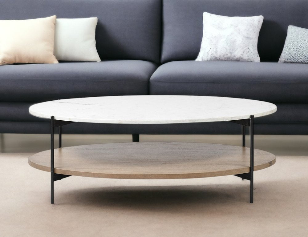 Brown and Black Genuine Marble and Metal Oval Coffee Table with Shelf