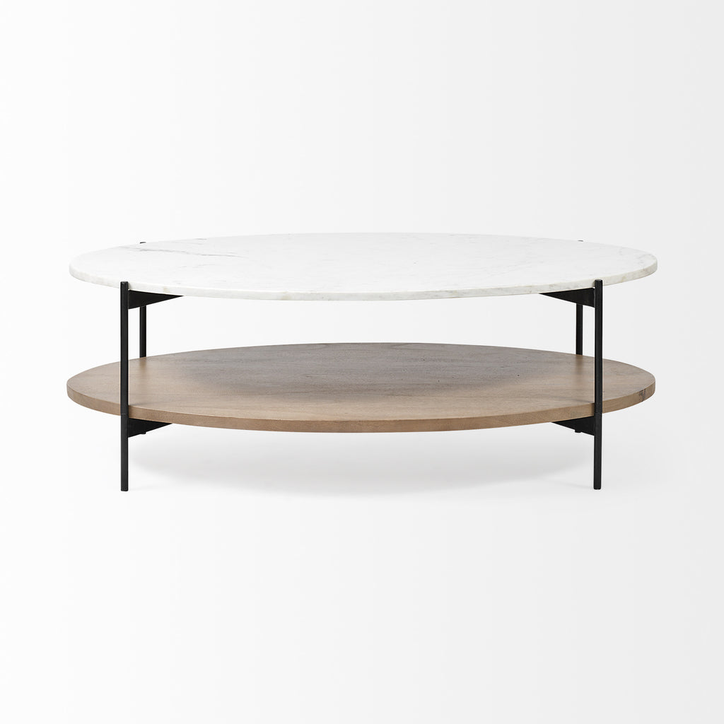 Brown and Black Genuine Marble and Metal Oval Coffee Table with Shelf
