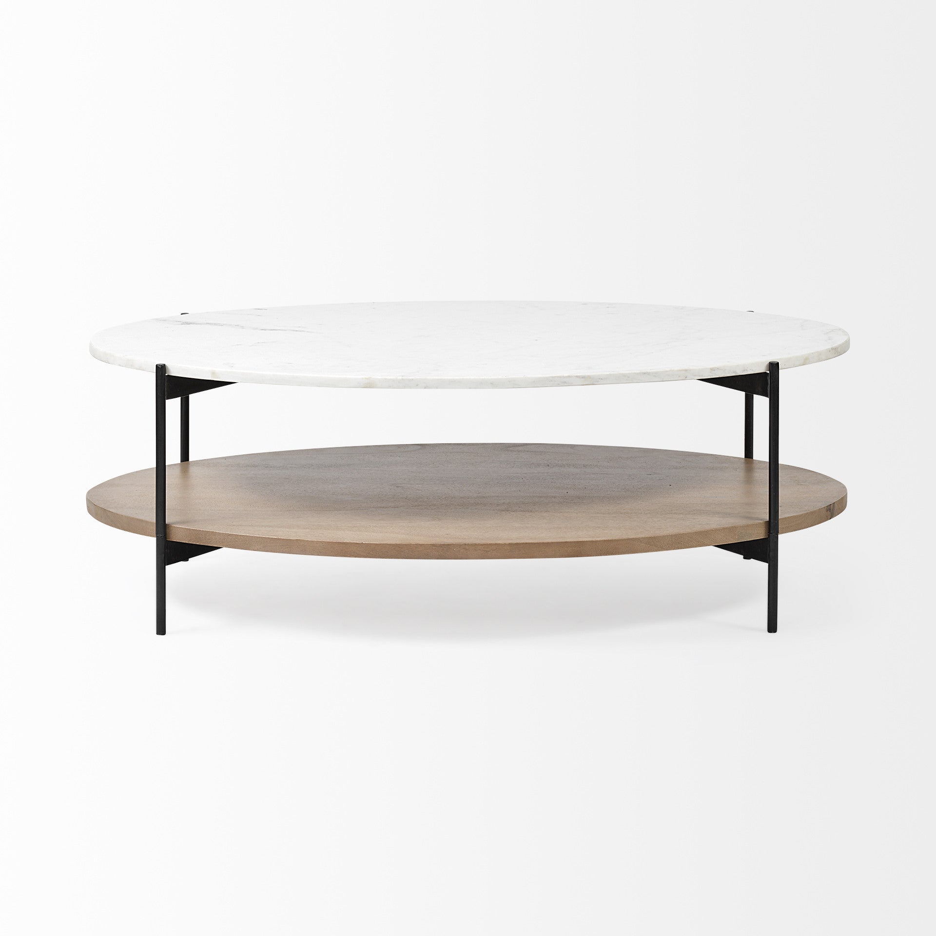 Brown and Black Genuine Marble and Metal Oval Coffee Table with Shelf
