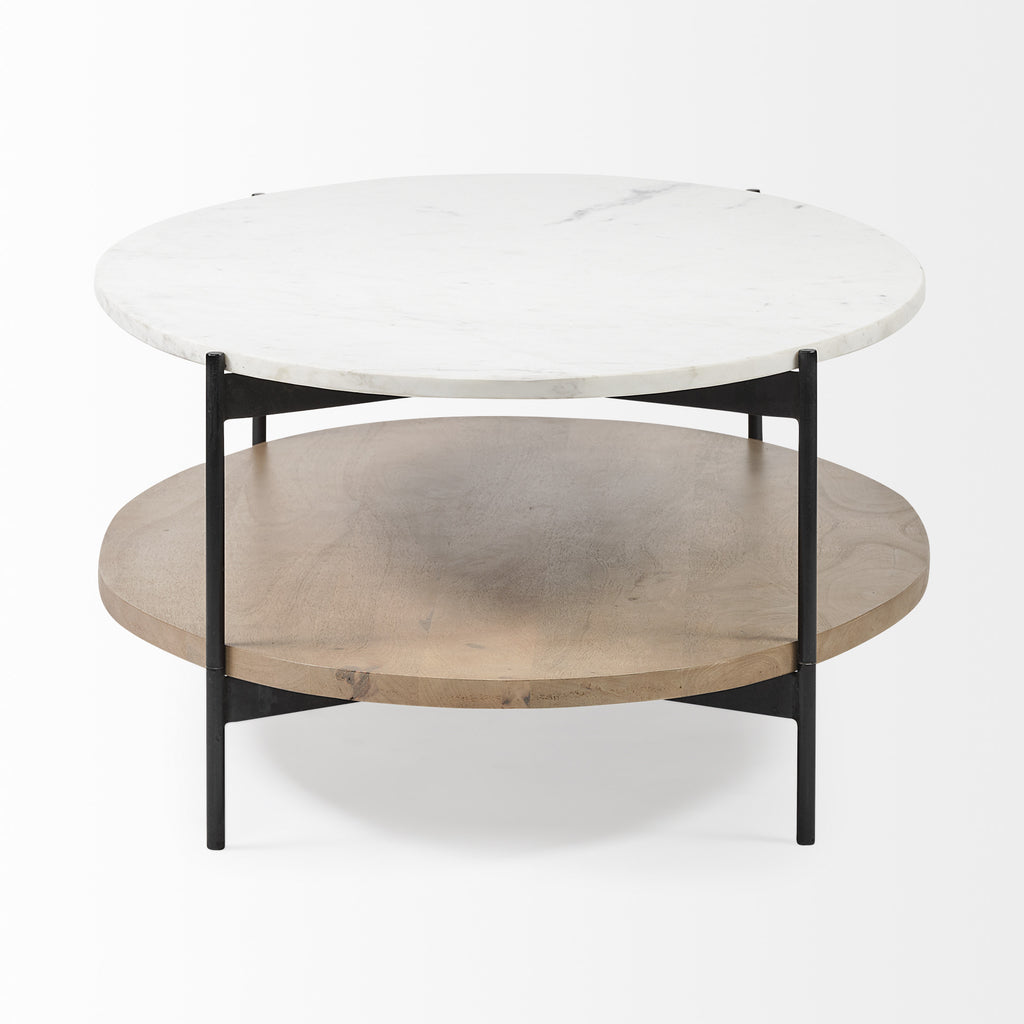 Brown and Black Genuine Marble and Metal Oval Coffee Table with Shelf