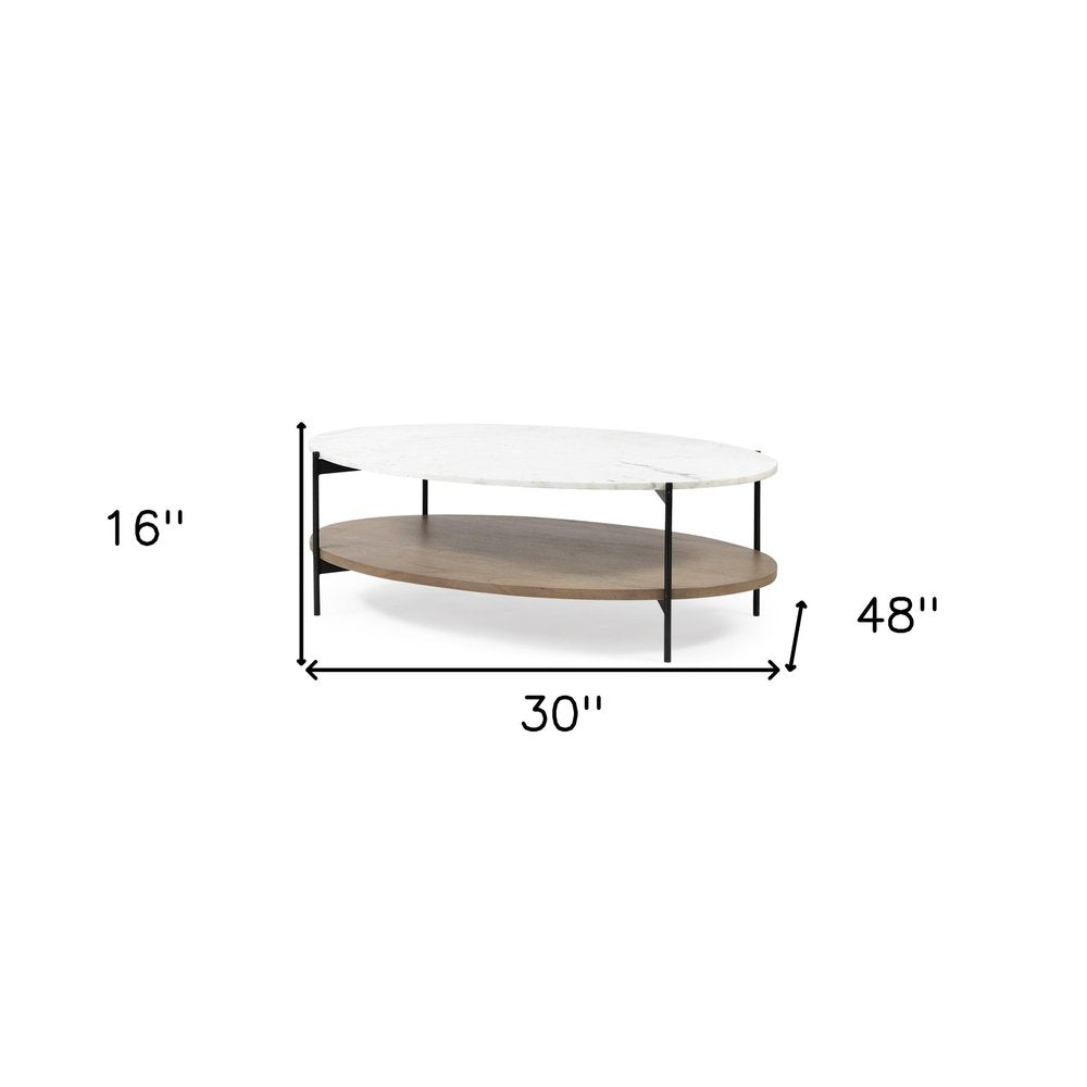 Brown and Black Genuine Marble and Metal Oval Coffee Table with Shelf