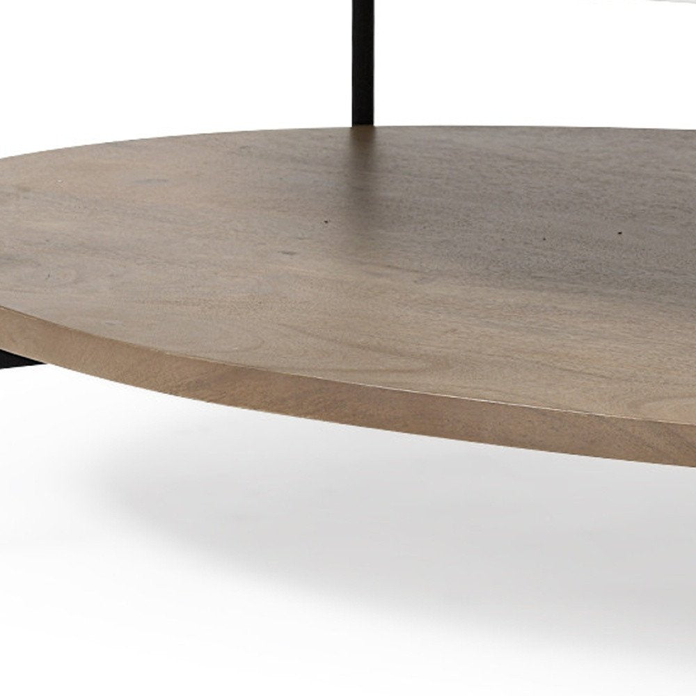 Brown and Black Genuine Marble and Metal Oval Coffee Table with Shelf