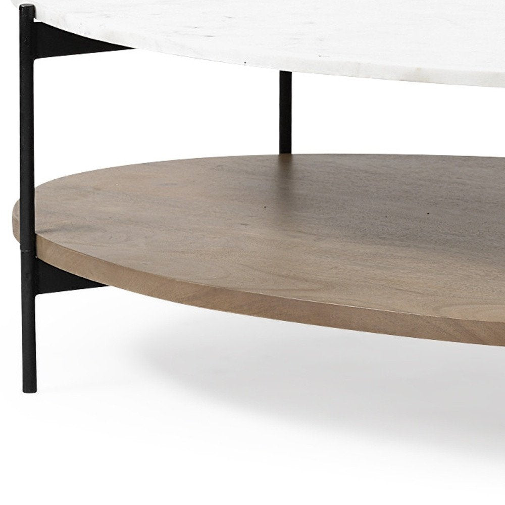 Brown and Black Genuine Marble and Metal Oval Coffee Table with Shelf