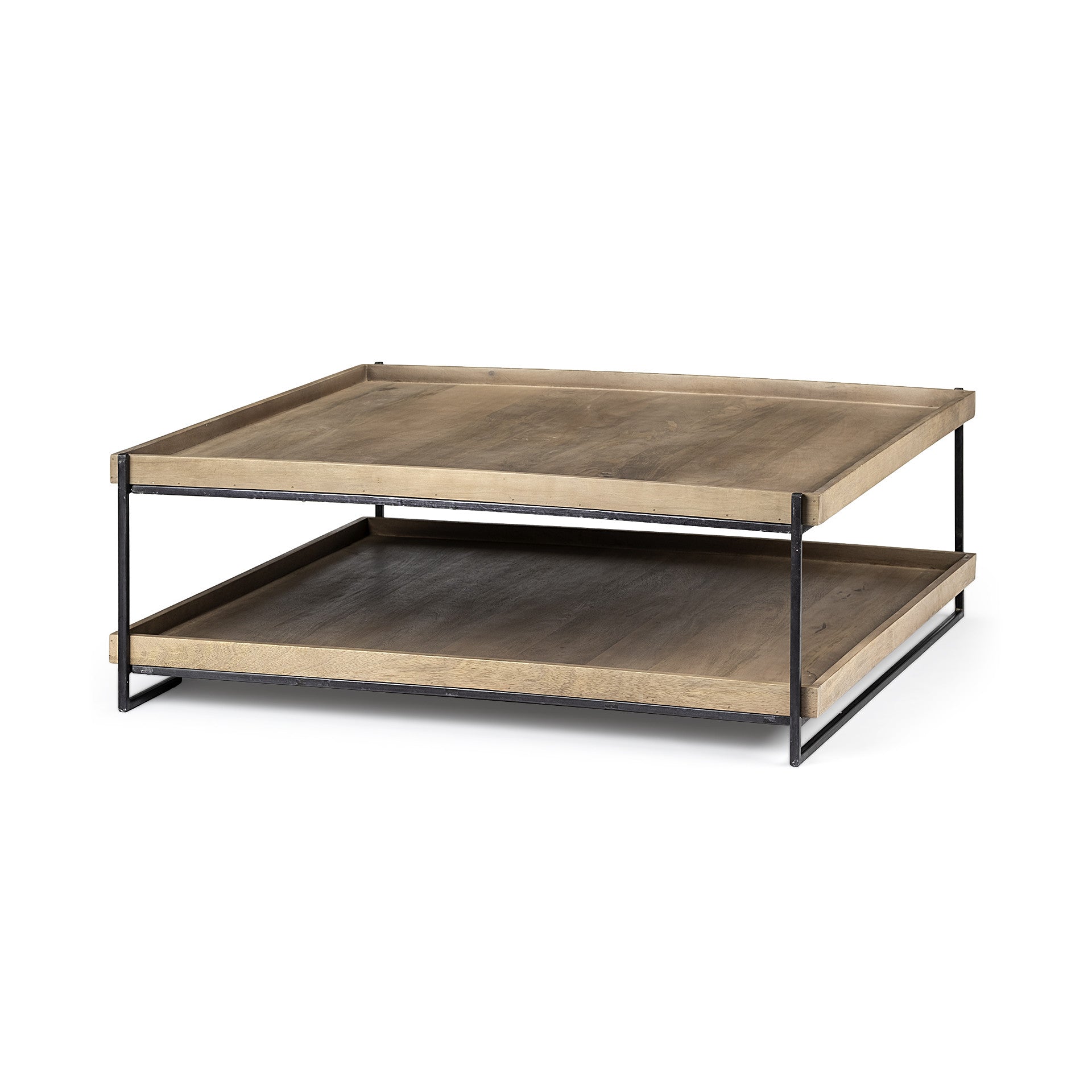 Natural and Black Solid Wood and Metal Coffee Table with Shelf