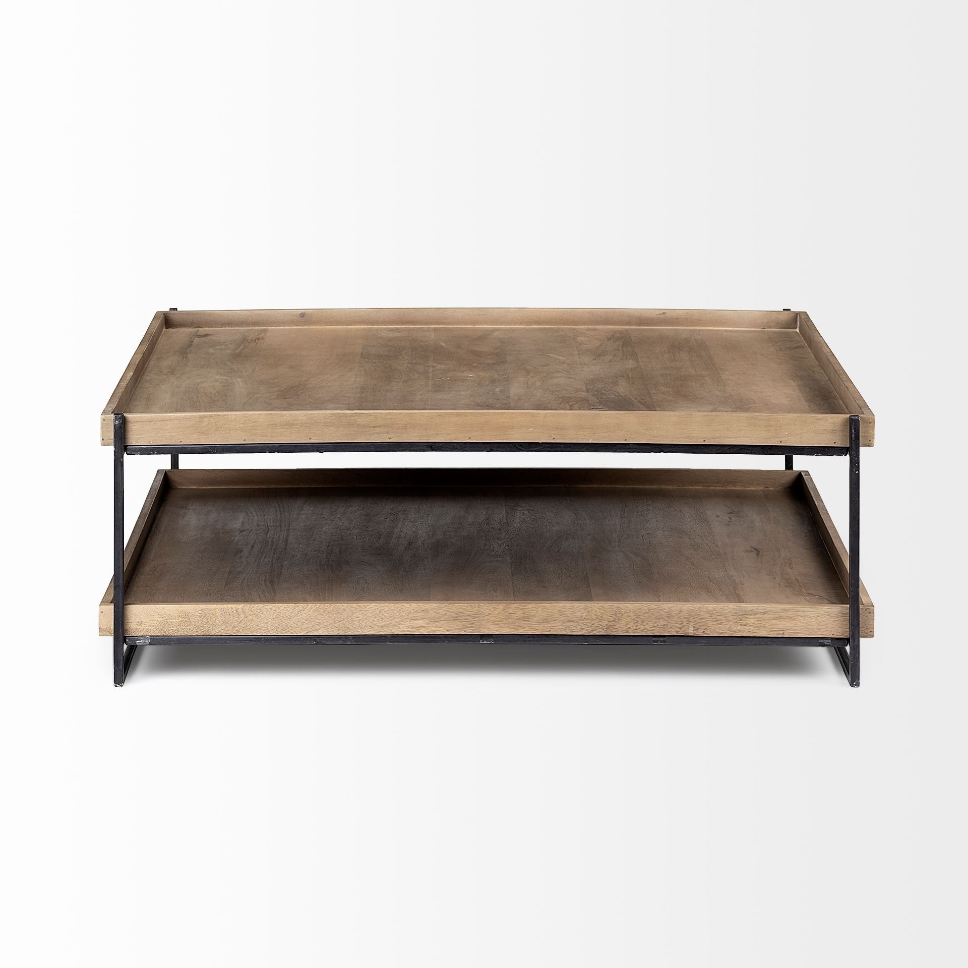 Natural and Black Solid Wood and Metal Coffee Table with Shelf