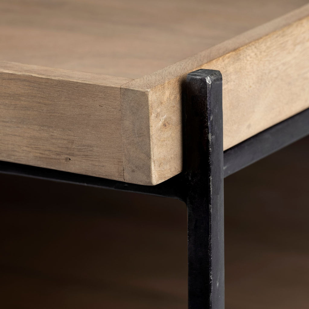 Natural and Black Solid Wood and Metal Coffee Table with Shelf