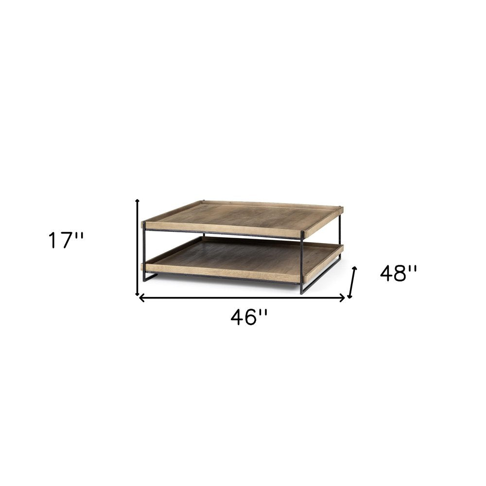 Natural and Black Solid Wood and Metal Coffee Table with Shelf