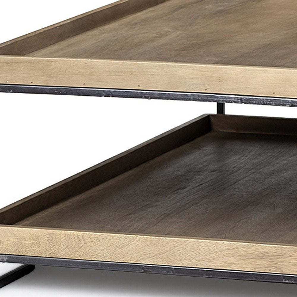 Natural and Black Solid Wood and Metal Coffee Table with Shelf