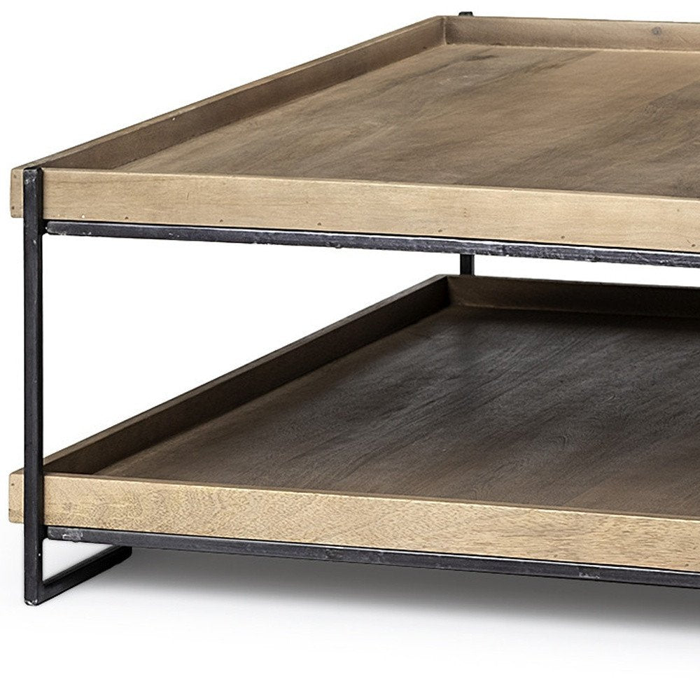 Natural and Black Solid Wood and Metal Coffee Table with Shelf
