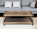 Natural and Black Solid Wood and Metal Coffee Table with Shelf
