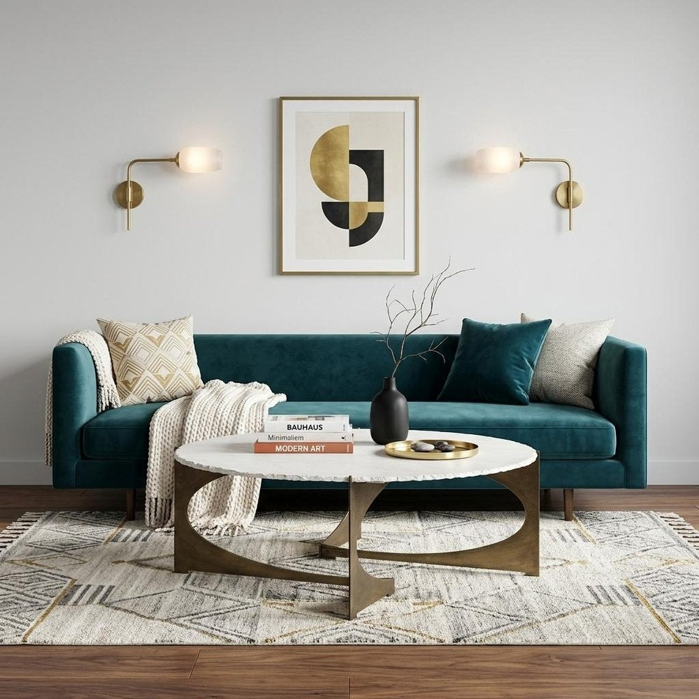 Round White Marble Top Gold and Metal Base Coffee Table - 49-inch