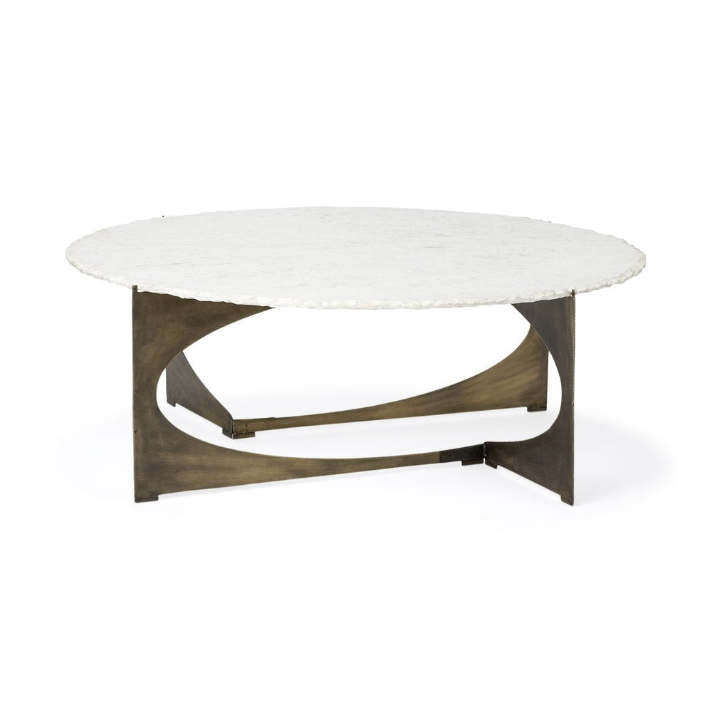 Round White Marble Top Gold and Metal Base Coffee Table - 49-inch