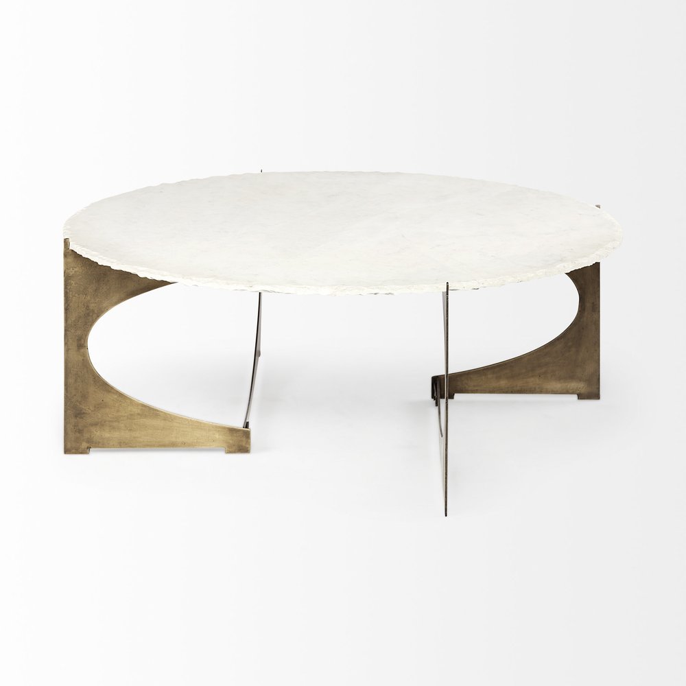 Round White Marble Top Gold and Metal Base Coffee Table - 49-inch