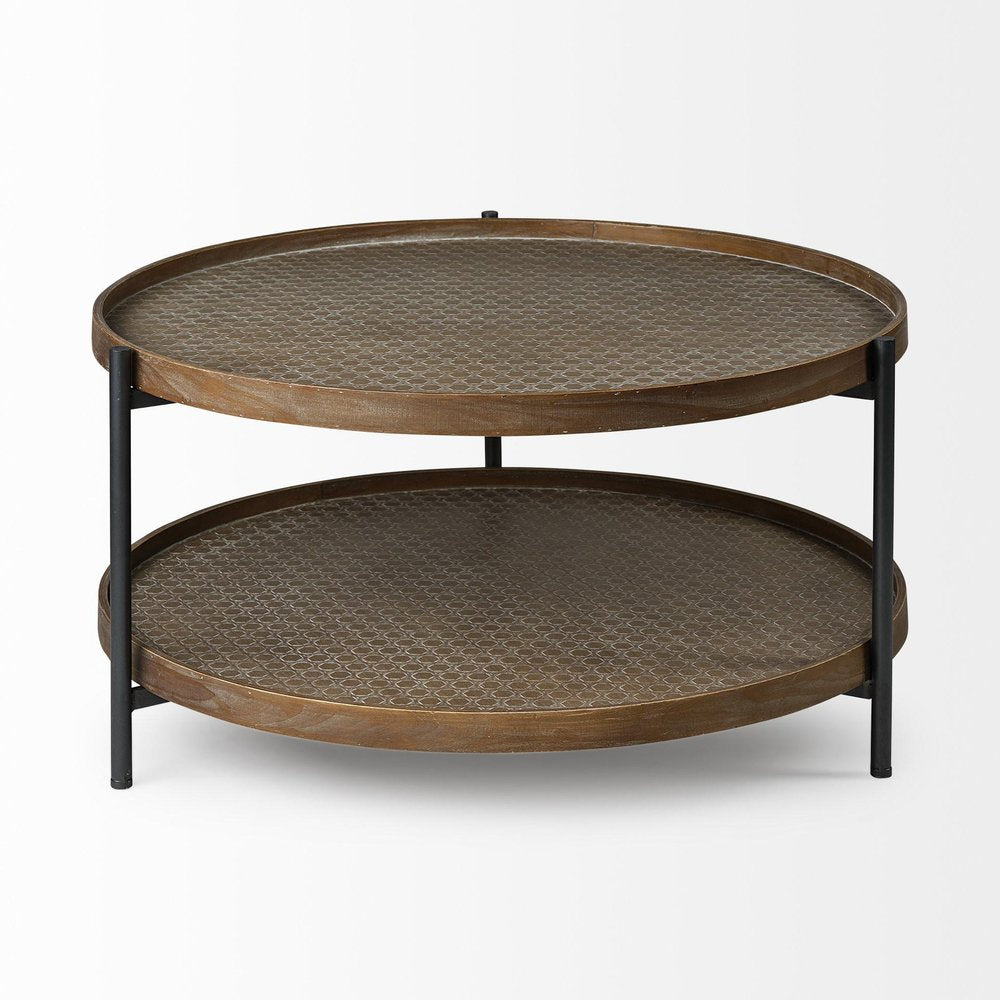 Brown and Black Solid Wood and Iron Round Coffee Table with Shelf