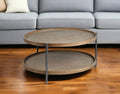 Brown and Black Solid Wood and Iron Round Coffee Table with Shelf