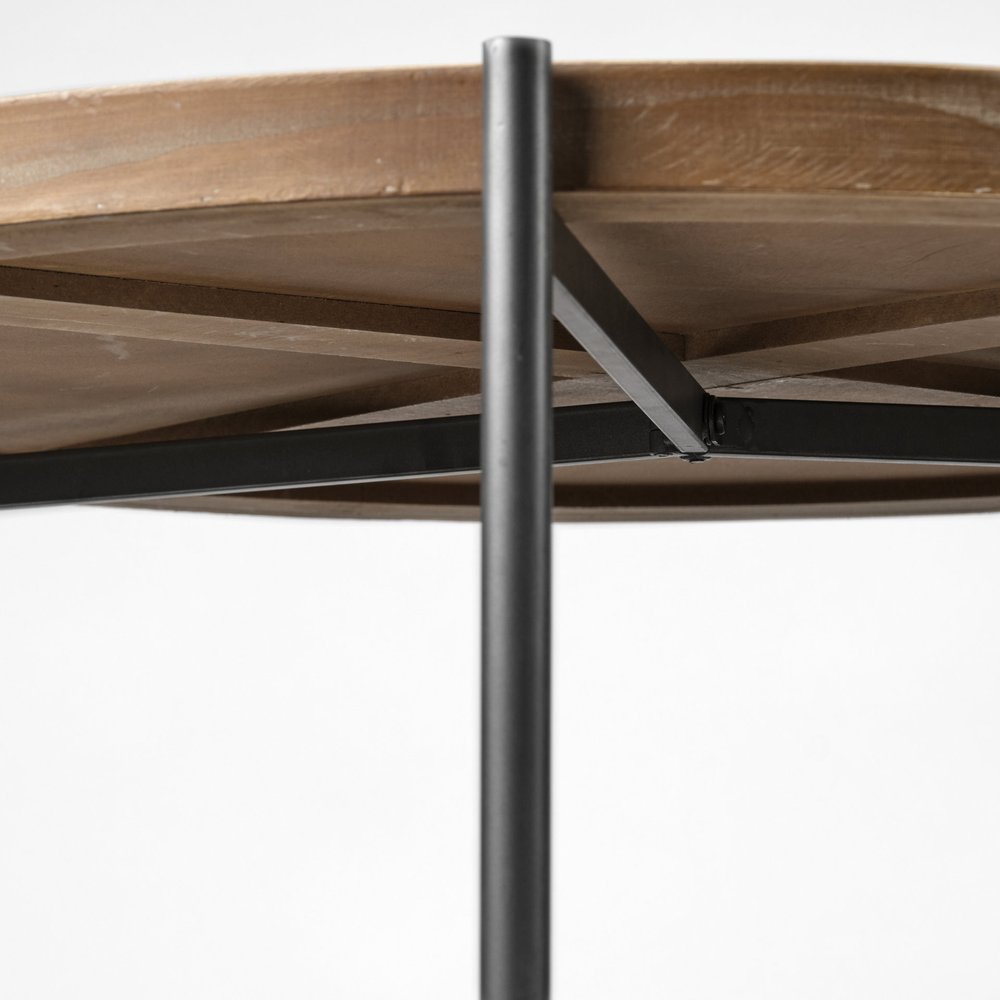 Brown and Black Solid Wood and Iron Round Coffee Table with Shelf