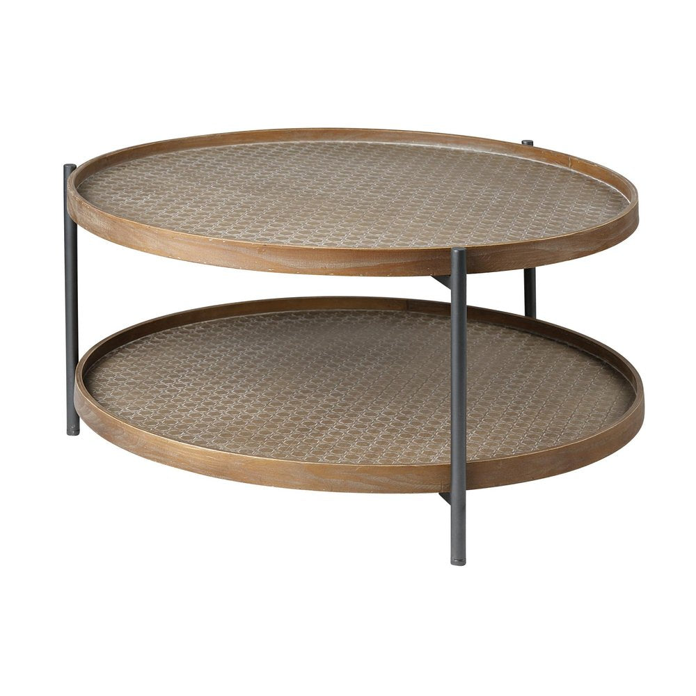 Brown and Black Solid Wood and Iron Round Coffee Table with Shelf