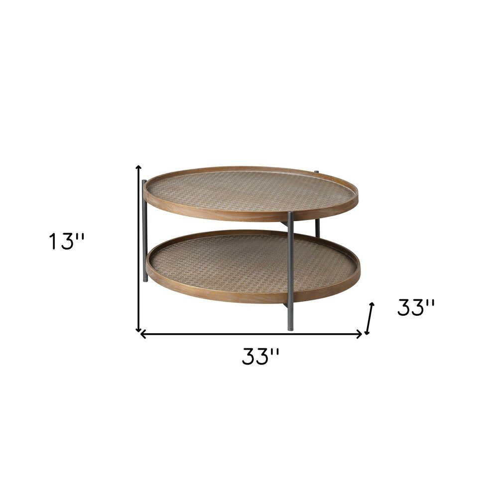 Brown and Black Solid Wood and Iron Round Coffee Table with Shelf
