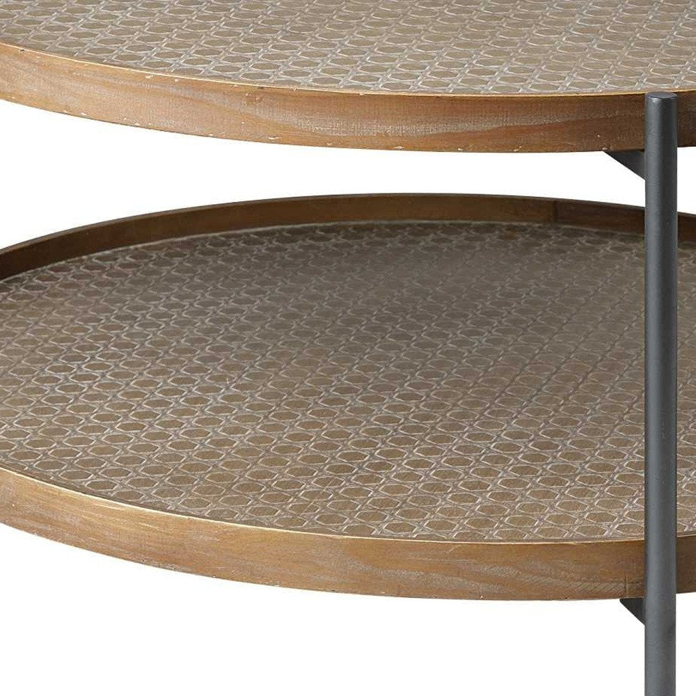 Brown and Black Solid Wood and Iron Round Coffee Table with Shelf