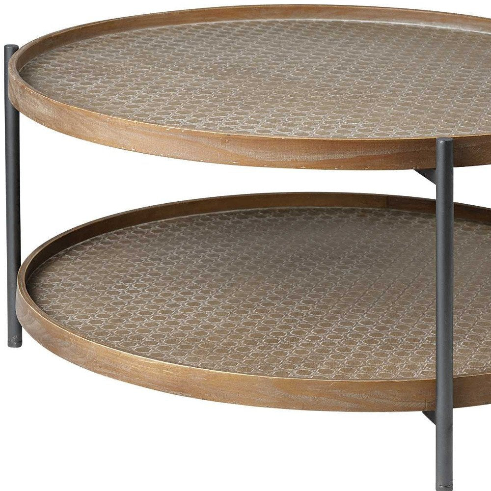 Brown and Black Solid Wood and Iron Round Coffee Table with Shelf