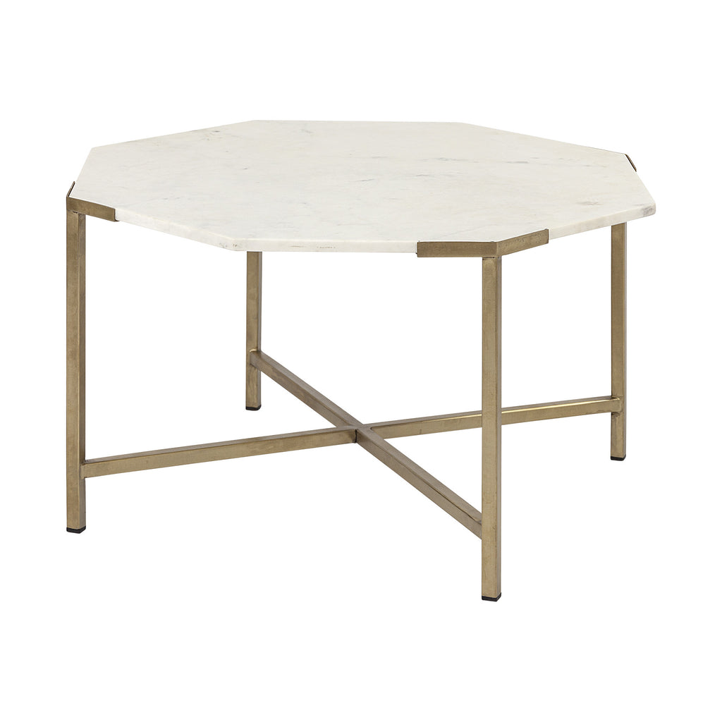White and Gold Genuine Marble and Metal Octagon Coffee Table - 33-inch