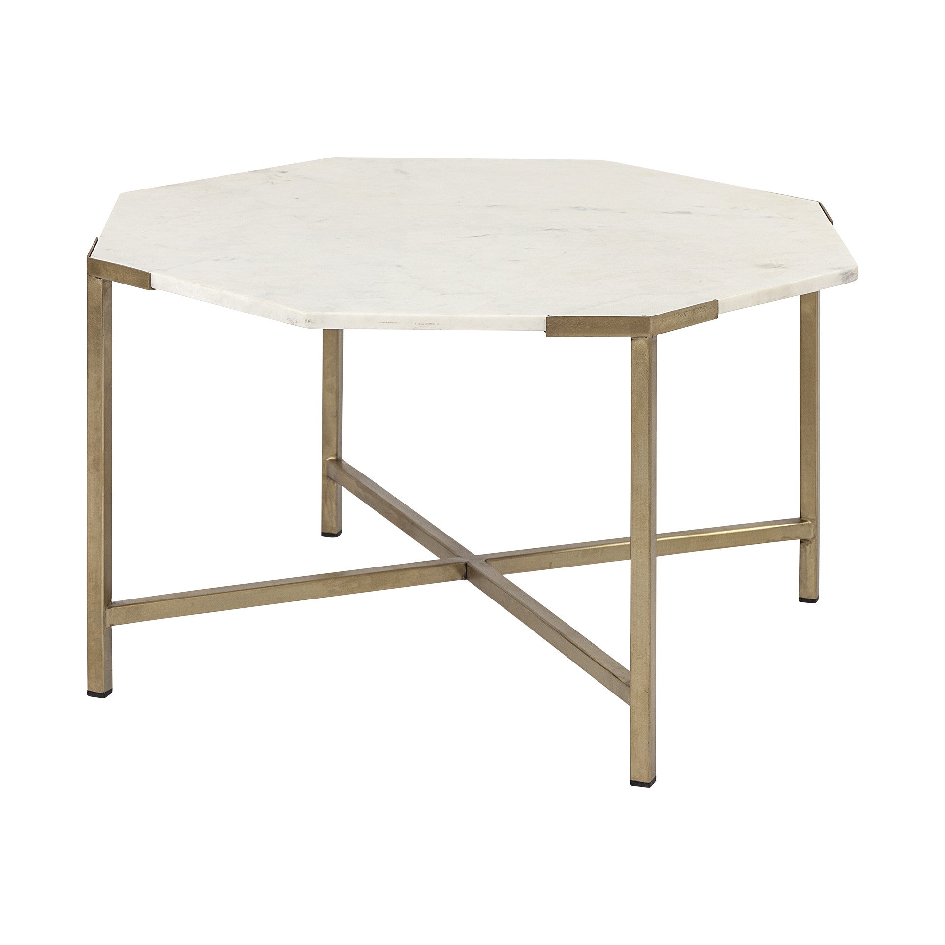 White and Gold Genuine Marble and Metal Octagon Coffee Table - 33-inch
