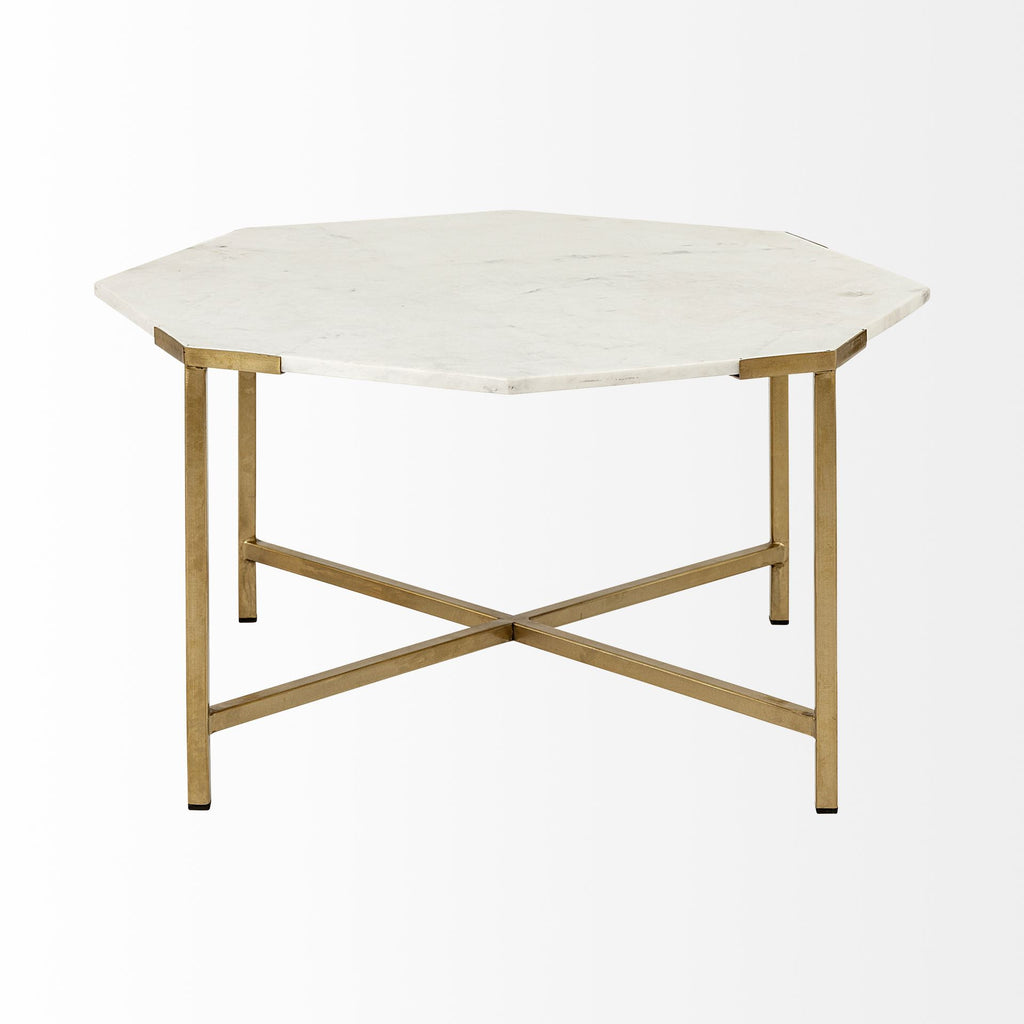 White and Gold Genuine Marble and Metal Octagon Coffee Table - 33-inch