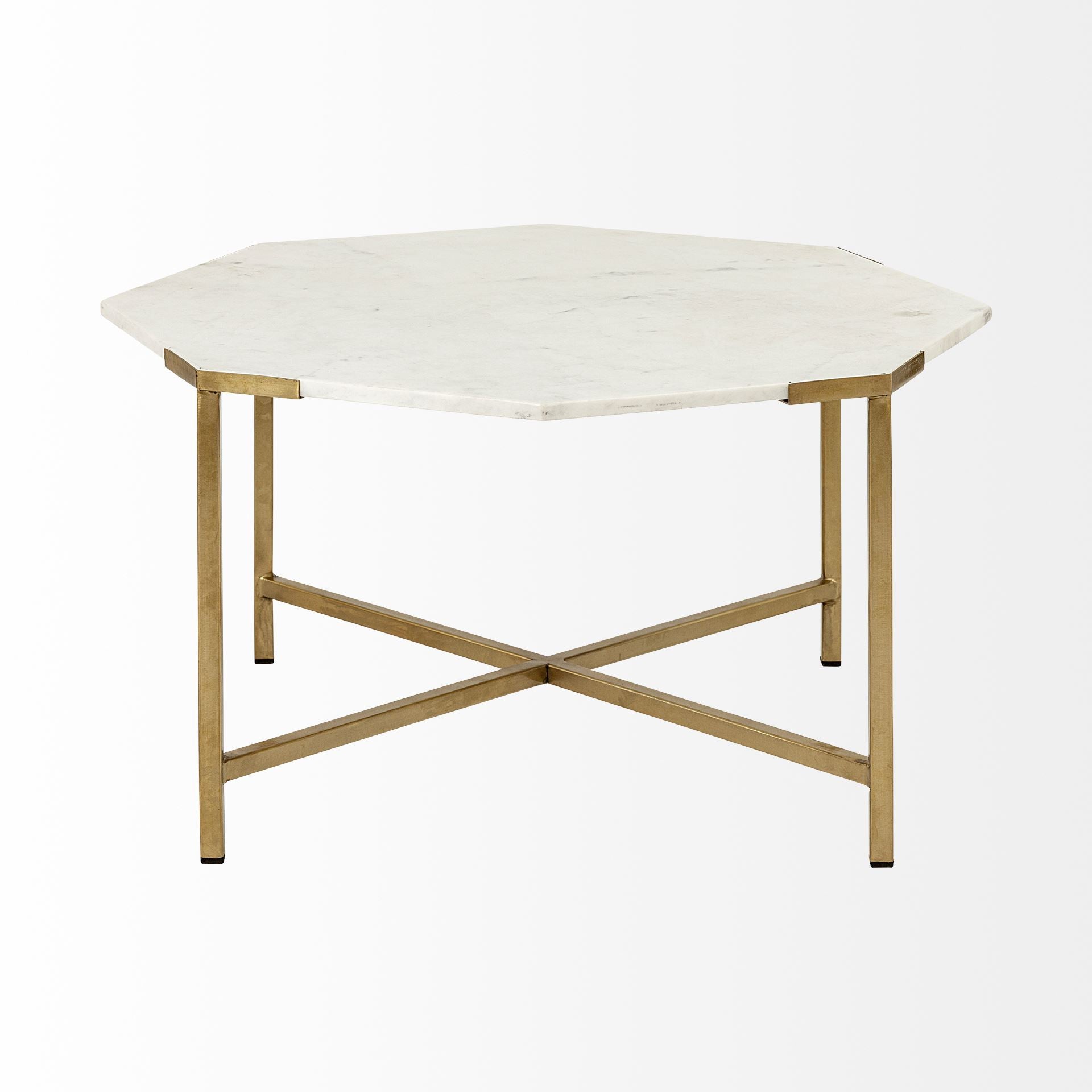 White and Gold Genuine Marble and Metal Octagon Coffee Table - 33-inch