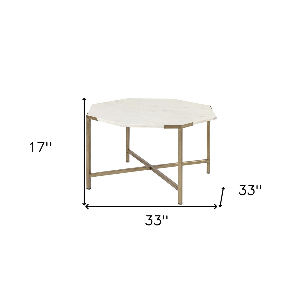 White and Gold Genuine Marble and Metal Octagon Coffee Table - 33-inch
