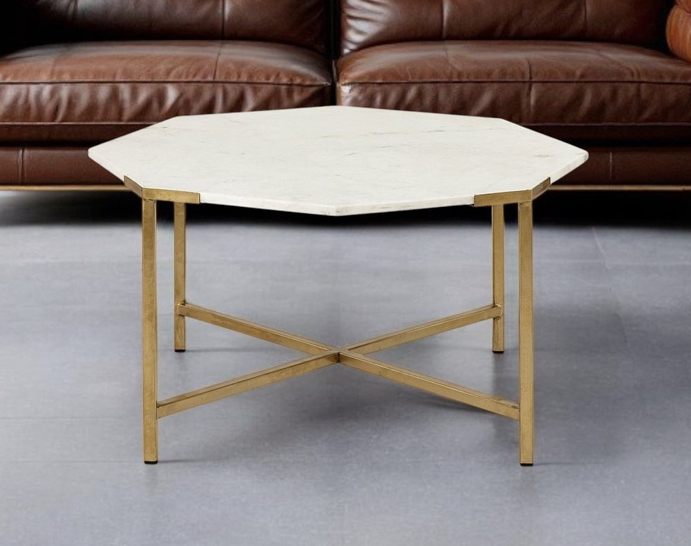 White and Gold Genuine Marble and Metal Octagon Coffee Table - 33-inch