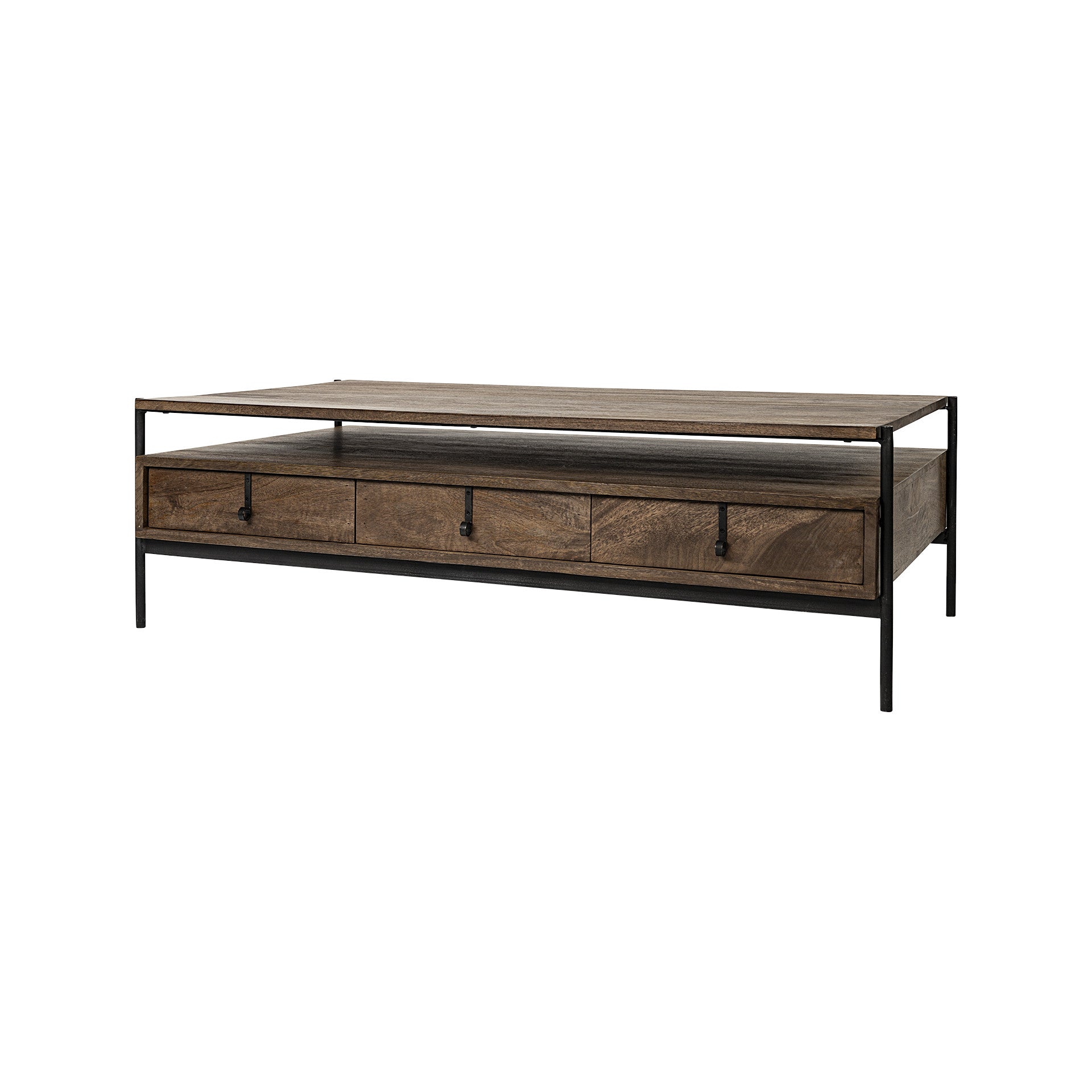 Brown and Black Solid Wood and Metal Coffee Table with Three Drawers