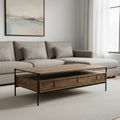 Brown and Black Solid Wood and Metal Coffee Table with Three Drawers