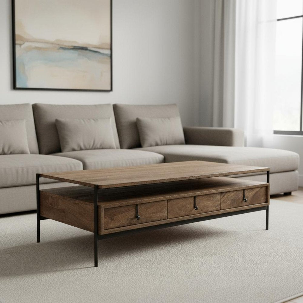 Brown and Black Solid Wood and Metal Coffee Table with Three Drawers