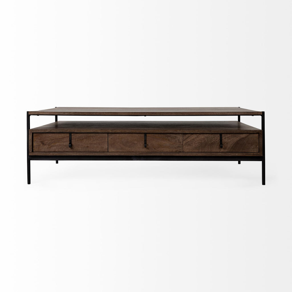 Brown and Black Solid Wood and Metal Coffee Table with Three Drawers
