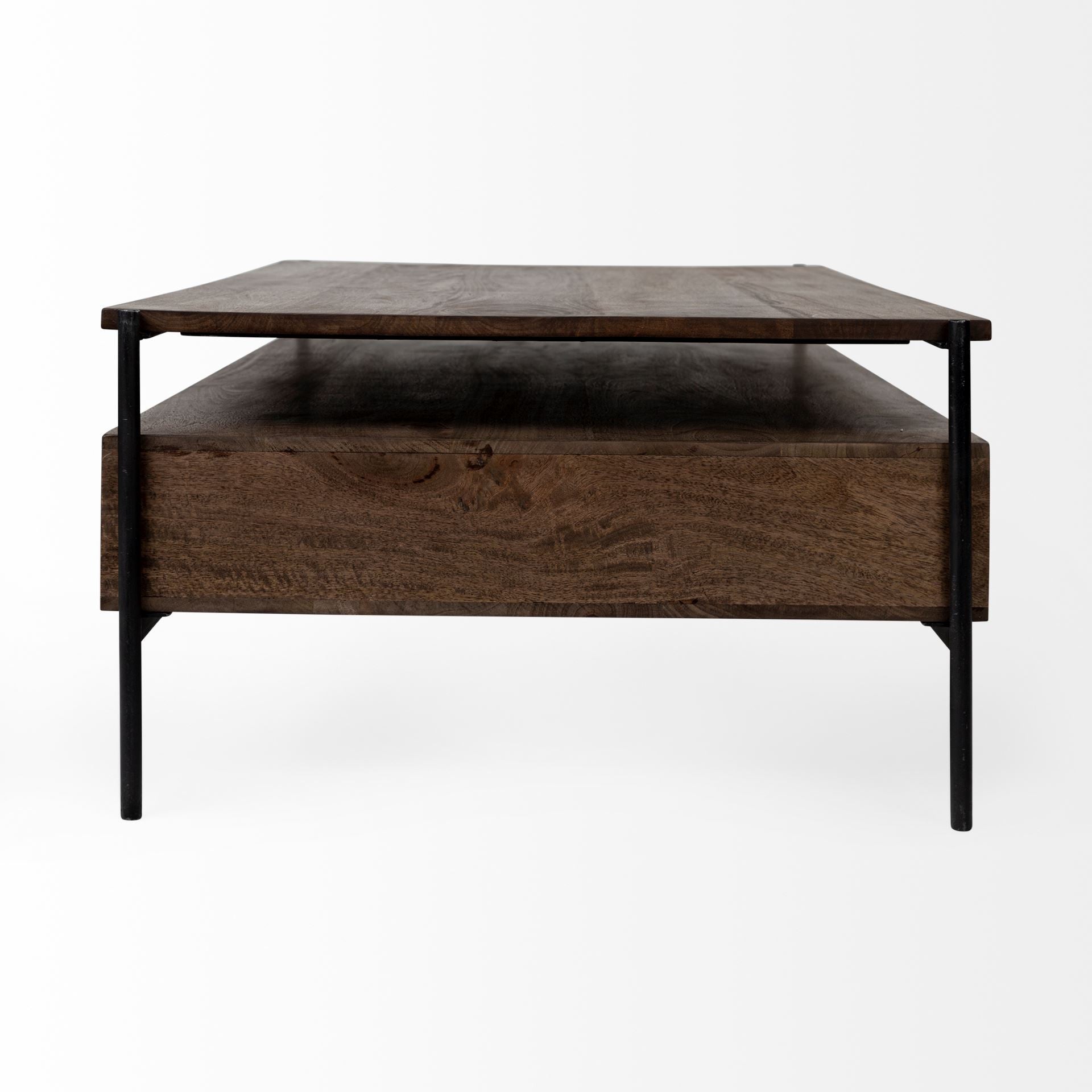 Brown and Black Solid Wood and Metal Coffee Table with Three Drawers