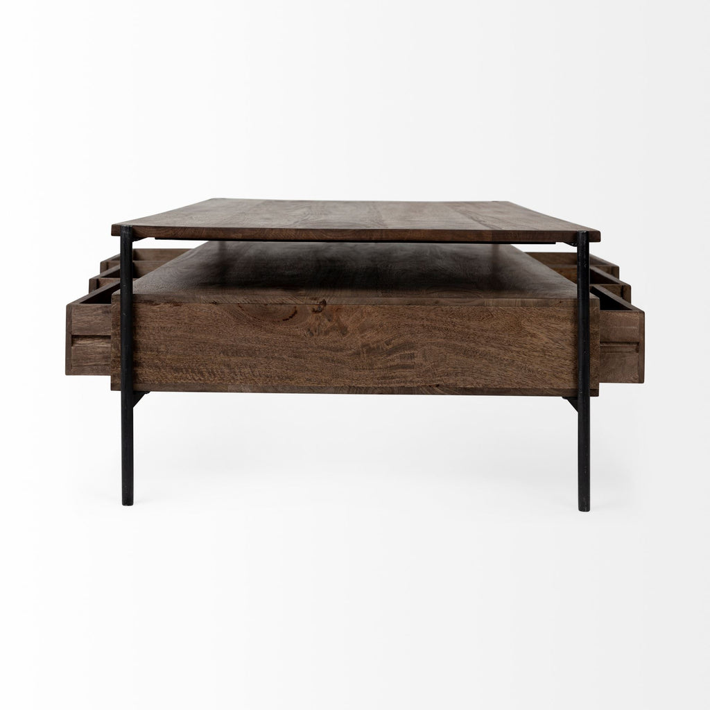 Brown and Black Solid Wood and Metal Coffee Table with Three Drawers