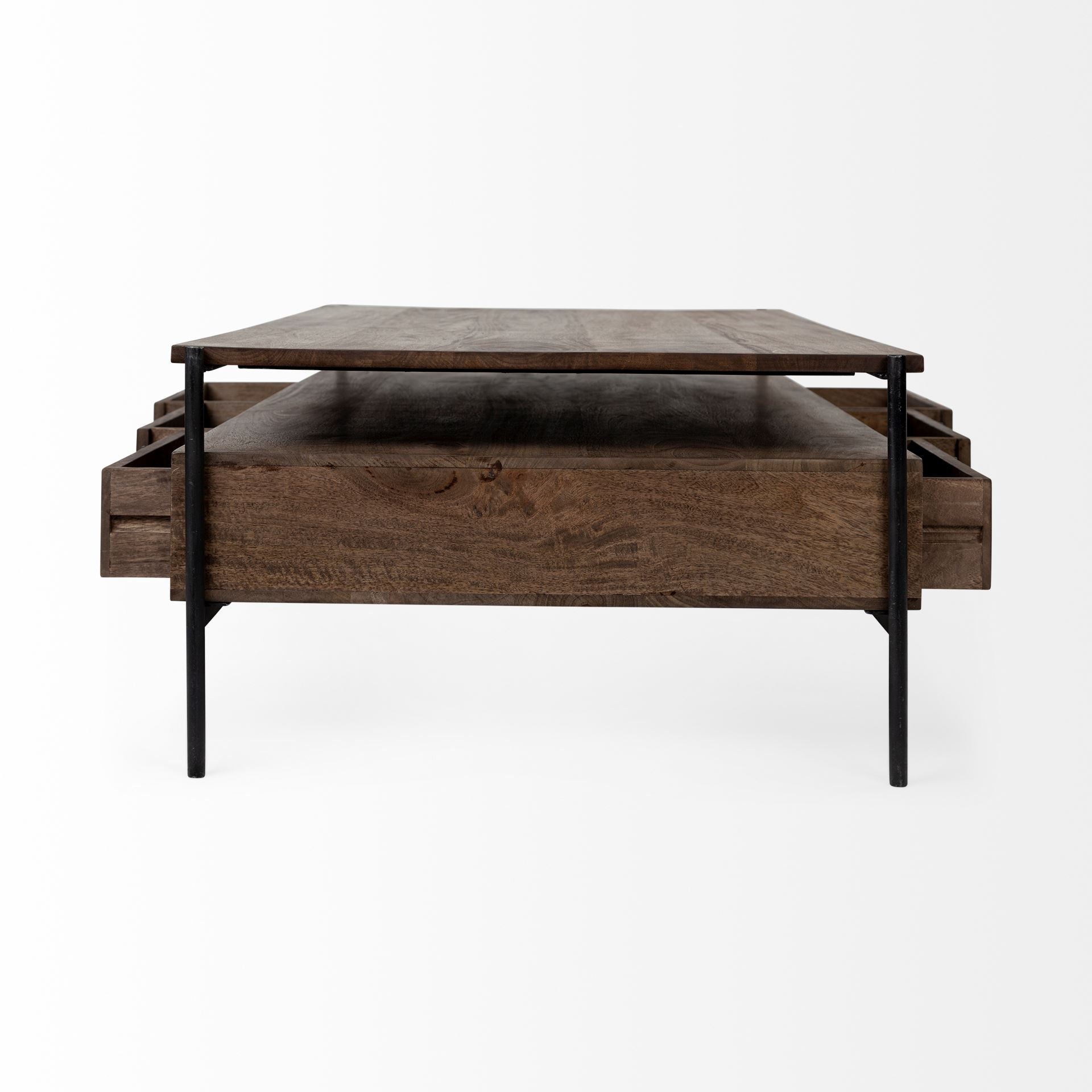 Brown and Black Solid Wood and Metal Coffee Table with Three Drawers
