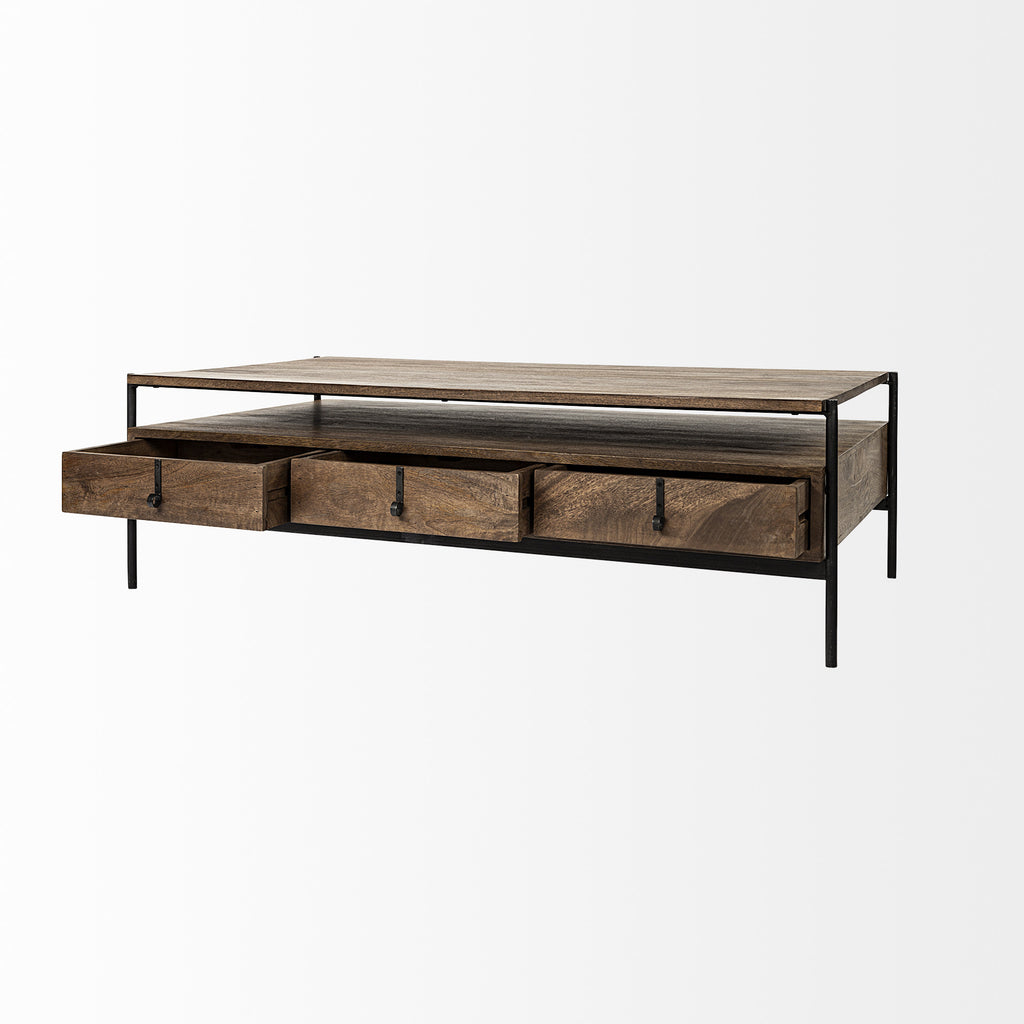 Brown and Black Solid Wood and Metal Coffee Table with Three Drawers