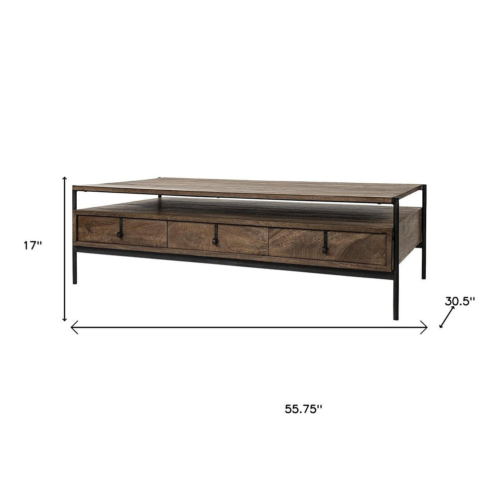 Brown and Black Solid Wood and Metal Coffee Table with Three Drawers