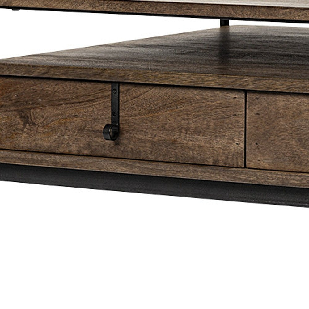 Brown and Black Solid Wood and Metal Coffee Table with Three Drawers