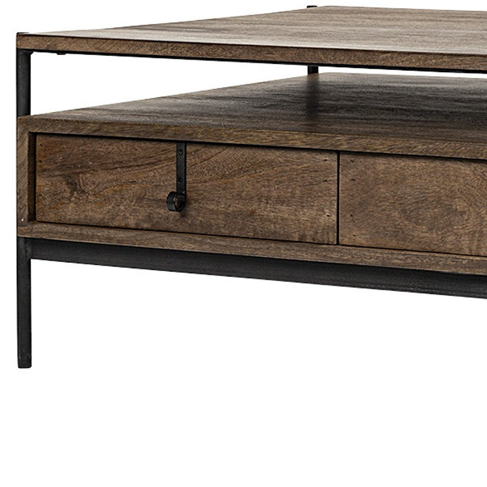 Brown and Black Solid Wood and Metal Coffee Table with Three Drawers
