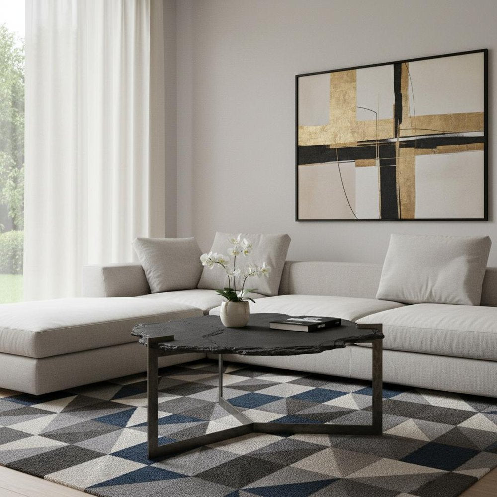 Black and Gold Stone and Iron Free Form Distressed Coffee Table