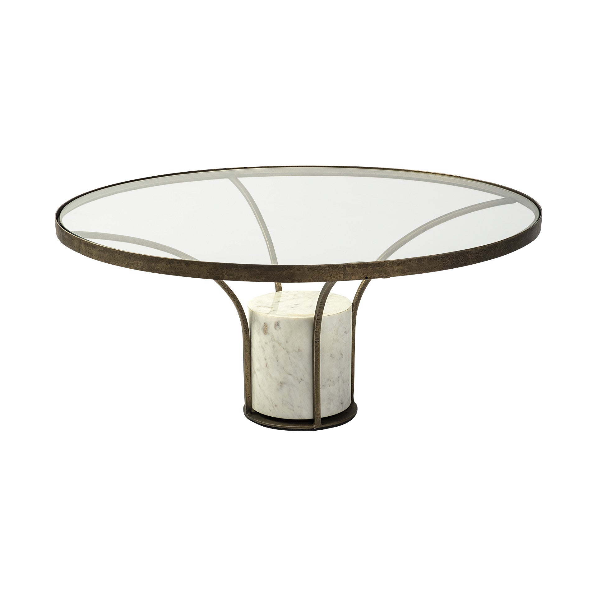 Antiqued Gold and White Glass Iron and Marble Round Pedestal Coffee Table