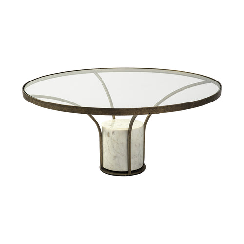 Antiqued Gold and White Glass Iron and Marble Round Pedestal Coffee Table