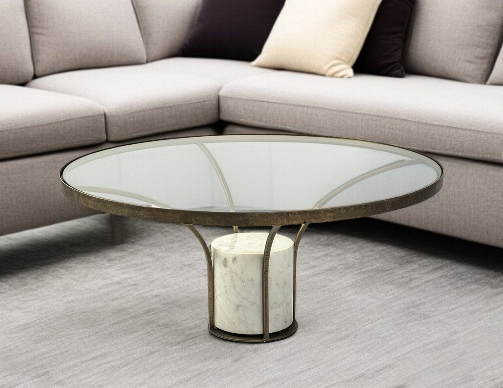 Antiqued Gold and White Glass Iron and Marble Round Pedestal Coffee Table