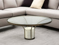 Antiqued Gold and White Glass Iron and Marble Round Pedestal Coffee Table