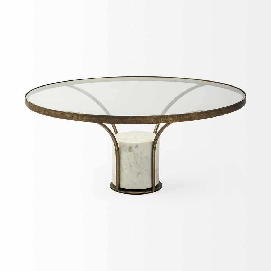 Antiqued Gold and White Glass Iron and Marble Round Pedestal Coffee Table